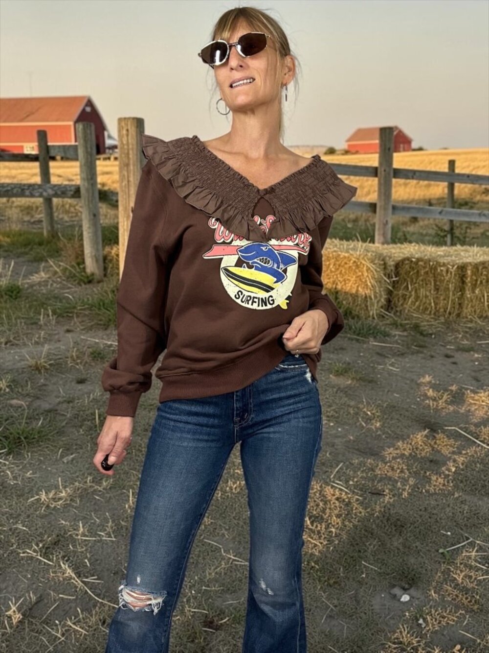 Wild Shark Surfing Sweatshirt By Panduola Studio S Brown Pilgrim Collar